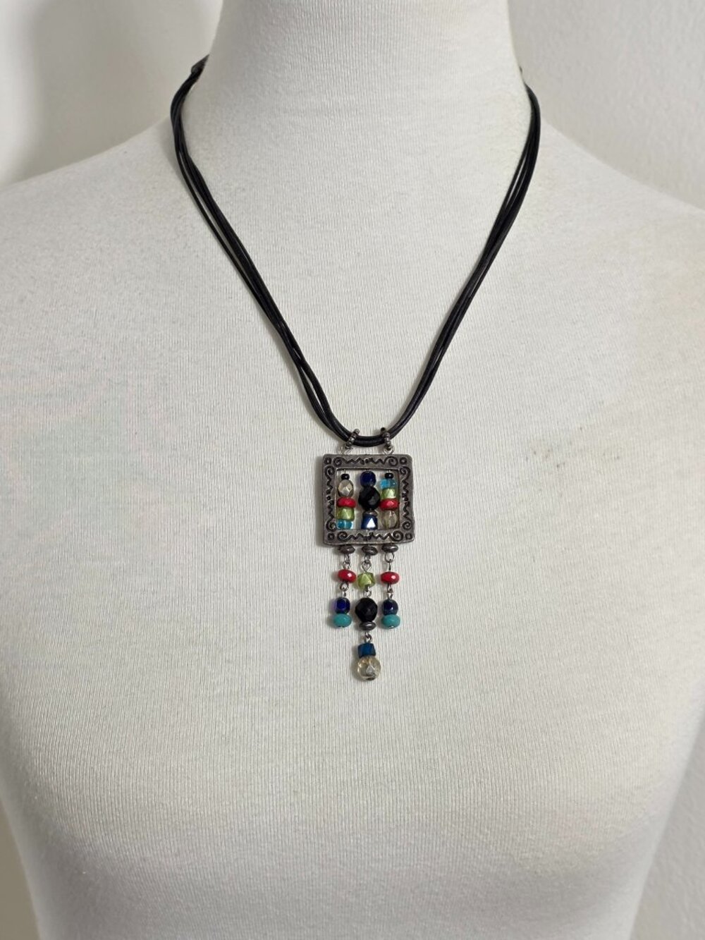 Vintage Chico's Three-Strand Necklace Square Silver-Tone Pendant Colorful Beads